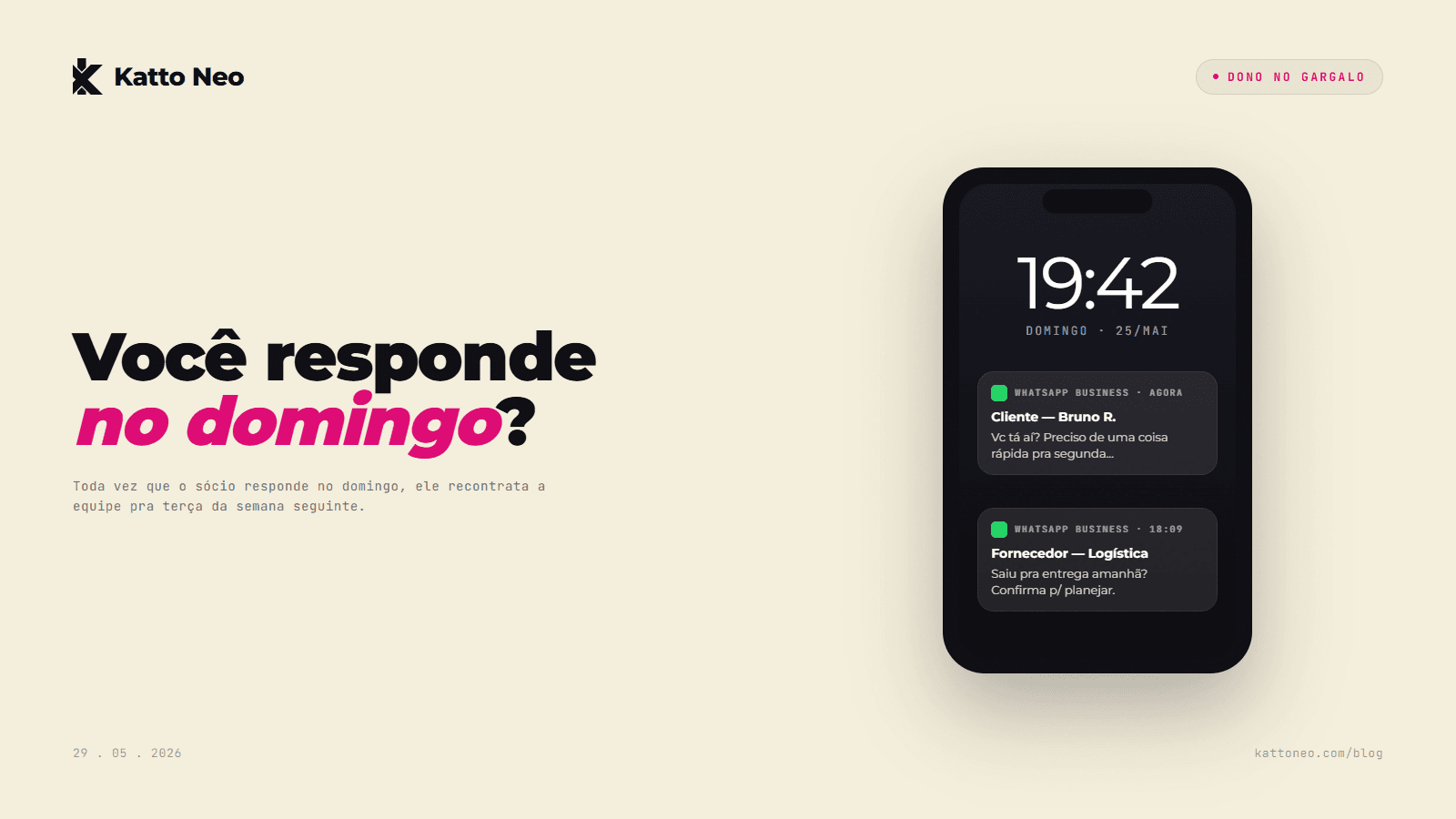 Tela de celular travada mostrando 19:42 de domingo com notificação de WhatsApp Business