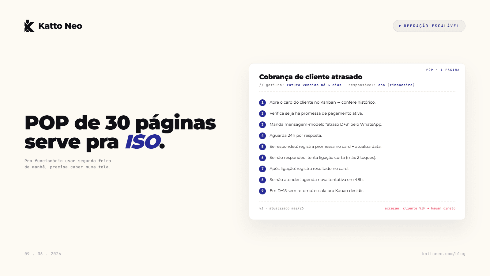Documento POP em layout limpo com 9 passos numerados, gatilho e exceção em uma única tela