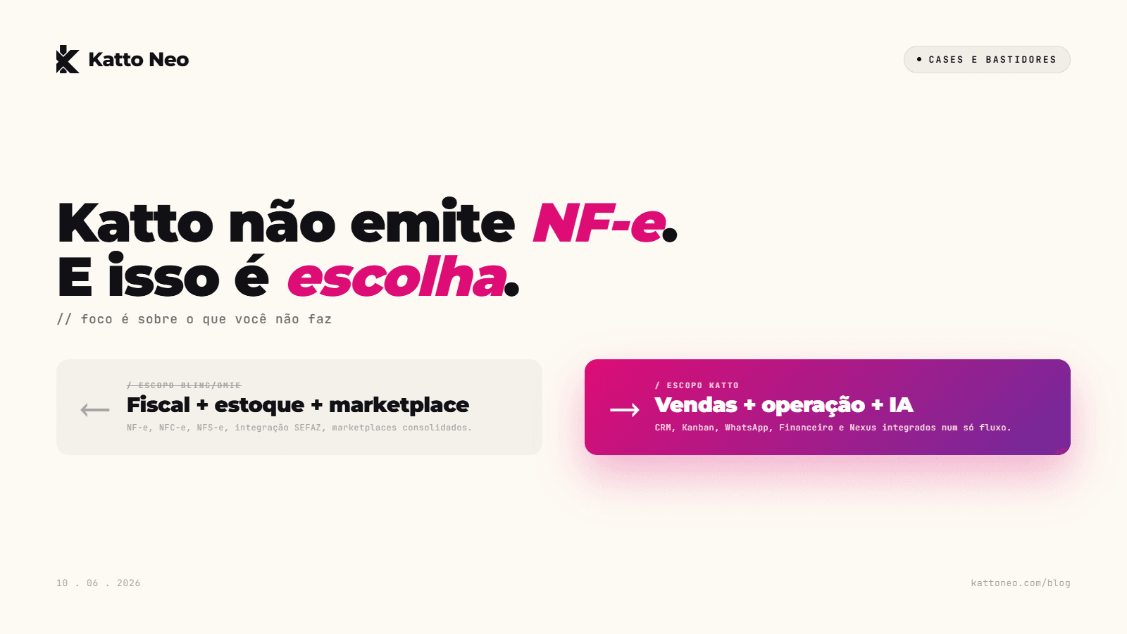 Diagrama com flecha forte direita apontando pra escopo Katto e flecha apagada esquerda pra escopo Bling/Omie